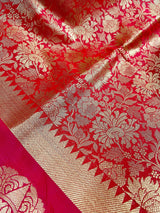 Statement Bright Pink Banarasi Soft Silk Saree - Floral Jaal Weave in Gold Zari - Kaash