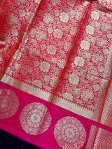 Statement Bright Pink Banarasi Soft Silk Saree - Floral Jaal Weave in Gold Zari - Kaash