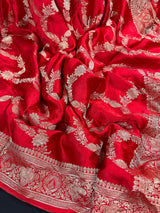 Bright Red Banarasi saree in pure banarasi satin with handwoven gold zari weaving — Kaash Collection