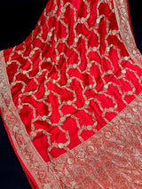 Bright Red Banarasi saree in pure banarasi satin with handwoven gold zari weaving — Kaash Collection