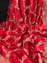 Statement Bright Red Color Pure Banarasi Satin Silk Saree with Handwoven Gold Zari Weaved Saree - Silk Mark Certified - Kaash