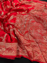 Statement Bright Red Color Pure Banarasi Satin Silk Saree with Handwoven Gold Zari Weaved Saree - Silk Mark Certified - Kaash