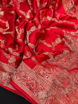 Statement Bright Red Color Pure Banarasi Satin Silk Saree with Handwoven Gold Zari Weaved Saree - Silk Mark Certified - Kaash