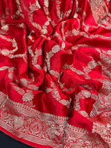 Statement Bright Red Color Pure Banarasi Satin Silk Saree with Handwoven Gold Zari Weaved Saree - Silk Mark Certified - Kaash