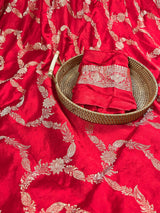 Statement Bright Red Color Pure Banarasi Satin Silk Saree with Handwoven Gold Zari Weaved Saree - Silk Mark Certified - Kaash