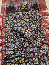 Chocolate Brown Kalamkari Banarasi saree in soft crepe with kalamkari prints with banarasi borders — Kaash Collection