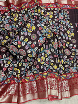 Chocolate Brown Kalamkari Banarasi saree in soft crepe with kalamkari prints with banarasi borders — Kaash Collection
