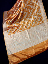 Copper Banarasi Soft Satin Tissue saree in banarasi soft satin tissue silk with muted gold zari floral jaal weave — Kaash Collection