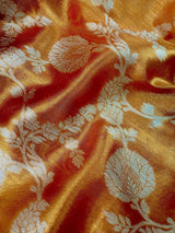 Copper Banarasi Soft Satin Tissue saree in banarasi soft satin tissue silk with muted gold zari floral jaal weave — Kaash Collection