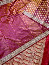 Statement Copper Pink Dual Shade with Red borders Banarasi Tanchoi Silk Handloom Saree | Zari Weaving with Motifs - Kaash