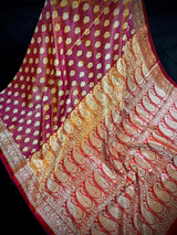 Statement Copper Pink Dual Shade with Red borders Banarasi Tanchoi Silk Handloom Saree | Zari Weaving with Motifs - Kaash