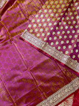 Statement Copper Pink Dual Shade with Red borders Banarasi Tanchoi Silk Handloom Saree | Zari Weaving with Motifs - Kaash