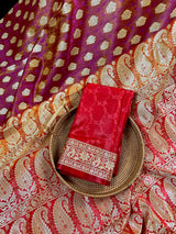 Statement Copper Pink Dual Shade with Red borders Banarasi Tanchoi Silk Handloom Saree | Zari Weaving with Motifs - Kaash
