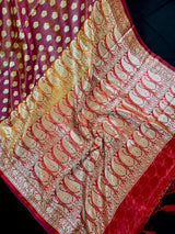 Statement Copper Pink Dual Shade with Red borders Banarasi Tanchoi Silk Handloom Saree | Zari Weaving with Motifs - Kaash