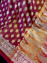 Statement Copper Pink Dual Shade with Red borders Banarasi Tanchoi Silk Handloom Saree | Zari Weaving with Motifs - Kaash