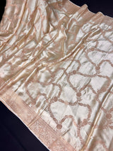 Silk Mark Certified Creamy Gold Pure Banarasi Satin saree in pure banarasi satin silk with handwoven gold zari with tanchoi & meenakari — Kaash Collection