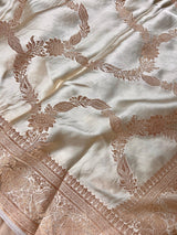 Silk Mark Certified Creamy Gold Pure Banarasi Satin saree in pure banarasi satin silk with handwoven gold zari with tanchoi & meenakari — Kaash Collection