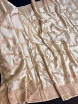 Silk Mark Certified Creamy Gold Pure Banarasi Satin saree in pure banarasi satin silk with handwoven gold zari with tanchoi & meenakari — Kaash Collection