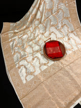 Statement Creamy Gold Color with Red Blouse Pure Banarasi Satin Silk Saree with Handwoven Gold Zari Weaved Saree - Silk Mark Certified - Kaash