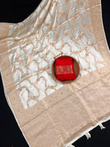 Statement Creamy Gold Color with Red Blouse Pure Banarasi Satin Silk Saree with Handwoven Gold Zari Weaved Saree - Silk Mark Certified - Kaash