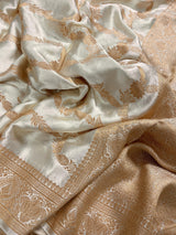 Statement Creamy Gold Color with Red Blouse Pure Banarasi Satin Silk Saree with Handwoven Gold Zari Weaved Saree - Silk Mark Certified - Kaash