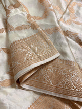 Statement Creamy Gold Color with Red Blouse Pure Banarasi Satin Silk Saree with Handwoven Gold Zari Weaved Saree - Silk Mark Certified - Kaash