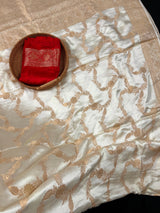 Statement Creamy Gold Color with Red Blouse Pure Banarasi Satin Silk Saree with Handwoven Gold Zari Weaved Saree - Silk Mark Certified - Kaash