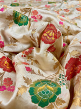 Creamy White with Tint of Gold Banarasi saree in pure banarasi satin with handwoven tanchoi with multi-color floral meenakari jaal — Kaash Collection