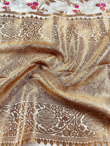 Creamy White with Tint of Gold Banarasi saree in pure banarasi satin with handwoven tanchoi with multi-color floral meenakari jaal — Kaash Collection
