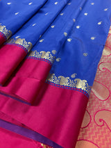 Blue with Magenta Pink Banarasi saree in soft banarasi silk with small buttis with magenta pink border — Kaash Collection