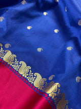 Blue with Magenta Pink Banarasi saree in soft banarasi silk with small buttis with magenta pink border — Kaash Collection