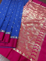 Blue with Magenta Pink Banarasi saree in soft banarasi silk with small buttis with magenta pink border — Kaash Collection