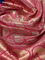 Blue with Magenta Pink Banarasi saree in soft banarasi silk with small buttis with magenta pink border — Kaash Collection