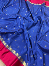 Blue with Magenta Pink Banarasi saree in soft banarasi silk with small buttis with magenta pink border — Kaash Collection