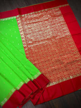 Statement Designer Parrot Green with Red border and Pallu Saree | Banarasi Silk Saree | Soft Silk Saree - Kaash