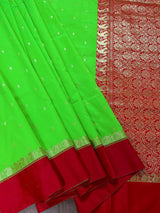 Statement Designer Parrot Green with Red border and Pallu Saree | Banarasi Silk Saree | Soft Silk Saree - Kaash