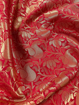 Pink with Red Border Banarasi saree in soft banarasi silk with small buttis with red border & ambi zari pallu — Kaash Collection