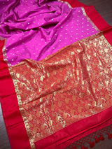 Pink with Red Border Banarasi saree in soft banarasi silk with small buttis with red border & ambi zari pallu — Kaash Collection