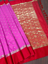 Pink with Red Border Banarasi saree in soft banarasi silk with small buttis with red border & ambi zari pallu — Kaash Collection