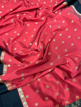Red Banarasi Soft with Black Border saree in banarasi soft silk with buttis with plain black border & ambi pallu — Kaash Collection