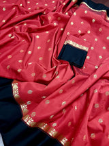 Red Banarasi Soft with Black Border saree in banarasi soft silk with buttis with plain black border & ambi pallu — Kaash Collection