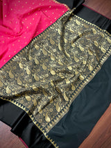 Tomato Pink Banarasi Soft with Black Border saree in banarasi soft silk with buttis with plain black border & ambi pallu — Kaash Collection