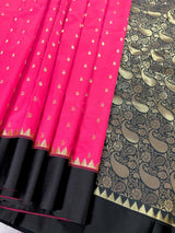 Tomato Pink Banarasi Soft with Black Border saree in banarasi soft silk with buttis with plain black border & ambi pallu — Kaash Collection