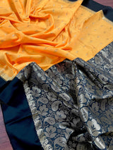 Yellow with Black Border Banarasi saree in soft banarasi silk with small buttis with black satin borders — Kaash Collection