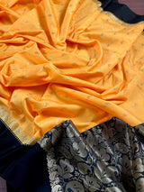 Yellow with Black Border Banarasi saree in soft banarasi silk with small buttis with black satin borders — Kaash Collection