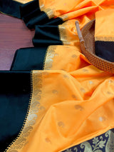 Yellow with Black Border Banarasi saree in soft banarasi silk with small buttis with black satin borders — Kaash Collection