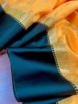 Yellow with Black Border Banarasi saree in soft banarasi silk with small buttis with black satin borders — Kaash Collection
