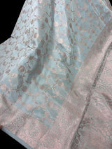 Statement Dull Dusty Blue Color Banarasi Semi Katan Silk Saree - Kaash