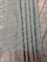 Statement Dull Dusty Blue Color Banarasi Semi Katan Silk Saree - Kaash