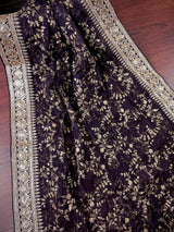 Eggplant Purple soft organza silk dupatta with muted gold zari, embroidery & sequins — Kaash Collection